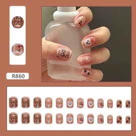 EYZOTSF Press on Nails Square Short Length Acrylic Glossy Full Cover Square Cute False Nails with Dog Bow Designs Artificial Extra Short Square Fake Nails Glue ons Fingernails for Women Girls