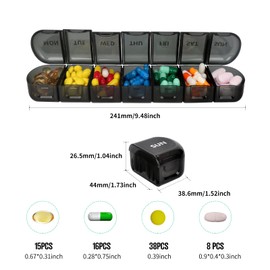 Collazoey Pill Box 7 Days, Removable Pill Box, 7 Compartments, Travel Pill Box for Medication, Dietary Supplements, Vitamins