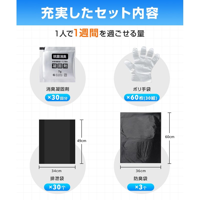 【消防士監修・抗菌・消臭】防災グッズ 簡易トイレ 凝固剤 15年保存 30～60回分 防臭袋付き 災害用トイレ 災害 防災 抗菌