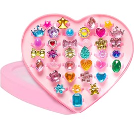 36 Pcs Adjustable Kids Jewellery Rings Sets, Cute Princess Play Rings in Box, Pretend Play Princess Dress Up Accessories for Birthday Parties, Gifts Role Play Fun Mermaid Butterfly Flower Designs