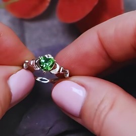 Biddy Murphy, Women's Irish Claddagh Ring 925 Sterling Silver Woven Band, Emerald Green CZ Heart Shape, Made in Ireland, Size 8.5
