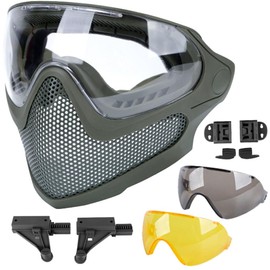 ATAIRSOFT 2 Modes Airsoft Mask Full Face Tactical Safety Protective Mask Anti-Fog Goggles Set with 3 Interchangable Lens (OD Green)