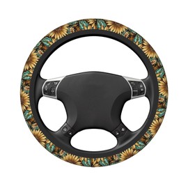MAGIFUN Sunflower Steering Wheel Cover Boho Leopard Flower Floral Steering Wheel Accessories Universal 15 Inch Car Accessories Protector for Women Girls, Brown Fit Auto SUV Sedan Vans Trucks