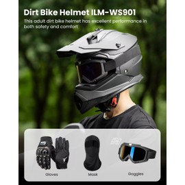 ILM Adult Dirt Bike Helmets Men Women Motocross ATV Off Road Helmet with Goggles Gloves Mask DOT Model WS901 (Matte Black, XL)