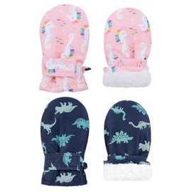 American Trends Toddler Mittens 2 Pairs Toddler Snow Gloves Lined Fleece Warm Waterproof Winter Gloves for Baby Boys Girls Dinosaur Blue & Seahorse Pink S(Fits 6-18 months) No Thumb