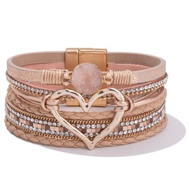 FANCY SHINY Heart Leather Wrap Bracelets Stackable Boho Cuff Bangles Trendy Resin Stone Rhinestone Bracelets with Magnetic Clasp for Women Christmas Gift Jewelry(Rose Gold)