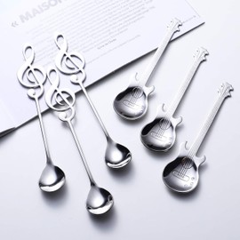 Music Note Spoons and Guitar Spoons Set 6-Pack Creative Cute Teaspoons 18/10 Stainless Steel Staff Musical Notation Shaped Coffee Spoons by IRONX (3 music note +3 guitar)
