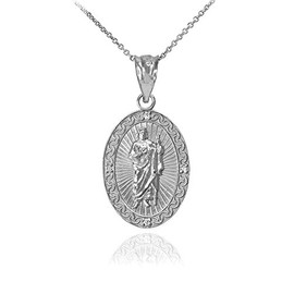 Sterling Silver Saint Jude Thaddeus CZ Oval Medal Pendant Necklace (Small), 18"