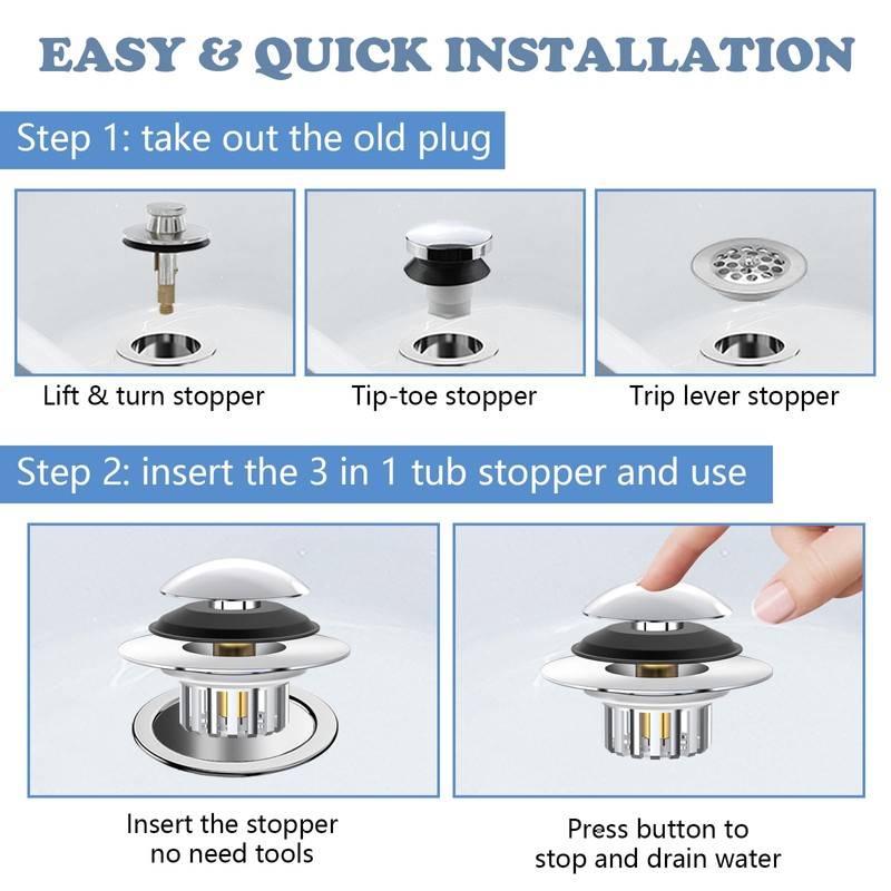 Universal 3 in 1 Bathtub Drain Stopper Bathtub Drain Hair