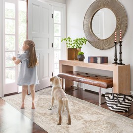 Area Rug 2x6 Runner Rug: Washable Vintage Hallway Rug Indoor Medallion Rug Low Pile Distressed Floor Carpet Retro Accent Rug for Kitchen Bedroom Bathroom Dining Room(Beige, 2'x6')