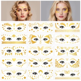HOWAF 15 Blatt Glitzer Tattoo Gesicht, Gesichtstattoo Glitzer Karneval Face Sticker Temporäre Tattoos Gold für Karneval Kostüm Fasching Damen