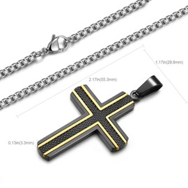 Zillaly men's stainless steel cross necklace, two-tone black and gold carbon fiber pendant-including gift box