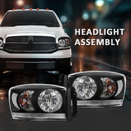 CHEDA Headlights w/Light Bar Pair Set Compatible with Dodge Ram 1500 2006-2008/Fit Dodge Ram 2500 3500 2006-2009 Clear Lens Black Housing Clear Reflector