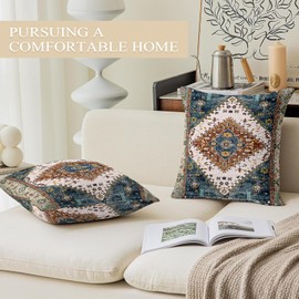 ECZOIL Set of 2 Boho Cushion Covers, 40 x 40 cm, Decorative Cushion Covers, Boho Style, Vintage Decorative Cushion for Living Room, Bedroom, Sofa, Home Decor with Hidden Zip, Teal