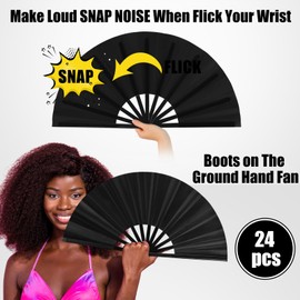 Blulu 24 Pcs Large Folding Fans for Line Dancing 13 Inch Boots on the Ground Fans for Line Dancing for Women Men Big Silk Clack Popping Make Loud Sound for Edm Music Party Decorations(Black)