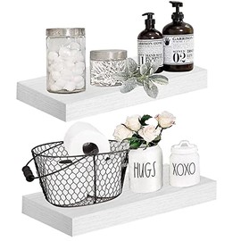 QEEIG White Floating Shelves Bathroom Shelf Wall Mounted Shelve Bedroom Kitchen Living Room Set of 2 Small Modern Shelfs 16 inches Long (008-40W)