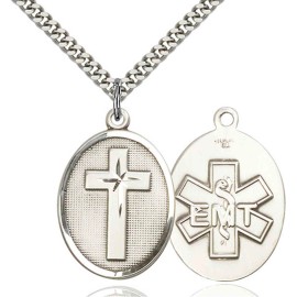 Bliss Sterling Silver Cross EMT Medal Pendant Necklace 1 1/8 x 3/4" on 24'' Chain Gift