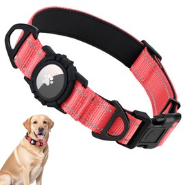 Taglory Reflective AirTag Dog Collar with Airtag Holder, Dual D-Rings, Safety Locking Buckle Durable, Adjustable Soft Padded for Large Dogs, Baby Pink, L