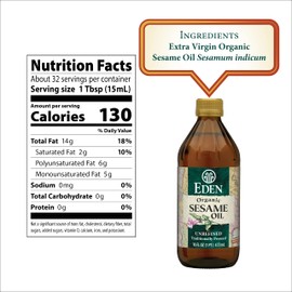 Eden Organic Sesame Oil, Unrefined, Extra Virgin, Traditionally Pressed, 16 fl oz Glass Bottle