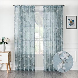Tollpiz - Cortinas cortas con estampado floral azul y bordado de flores para dormitorio, cortina de gasa para ventana de salón, 137 x 114 cm de largo, juego de 2 paneles