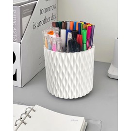 Lebenrich Rotating Pen Holder for Desk, 5 Slots Unique White Desk Organizer Easthetic Desktop Supplies and Accessories for Women Girls, Pencil Cup Caddy for Office Home Art Supply