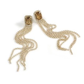 Statement Party Style Crystal Chain Extra Long Earrings in Gold Tone/ 14cm Drop