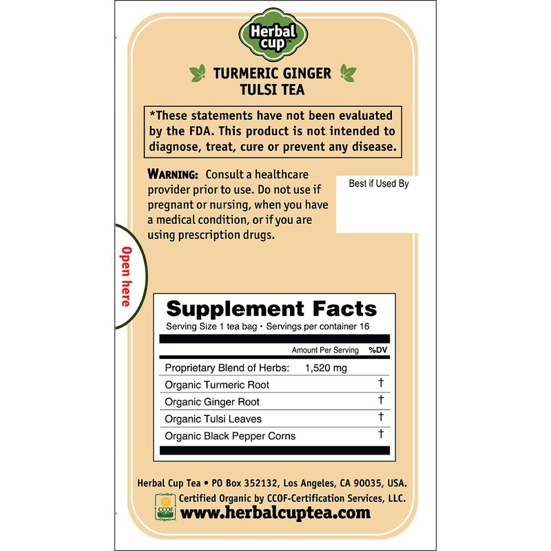 Herbal Cup Ayurveda Turmeric Tea, Organic Ginger Tulsi, No Caffeine
