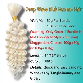 613 Blonde Human Braiding Hair 20 Inch 100 g 2 Bundle Deep Water Wave Bulk Human Hair for Braiding Curly Human Hair for Boho Braids Wet and Wavy Human Hair Extensions No Weft Micro Braids