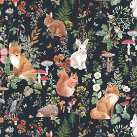 Livelynine Black Whimsical Forest Wallpaper Peel and Stick Vintage Whimsical Woodland Animal Nursery Wallpaper Adhesive Contact Paper for Cabinets Forest Creative Fox Mushroom Bunny Rabbit 17.5x78.8"