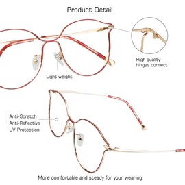 VisionGlobal Blue Light Blocking Glasses for Women, Anti Eyestrain, Computer Reading, TV Glasses, Stylish Oval Frame, Anti Glare (Gold Red, 3.00 Magnification)