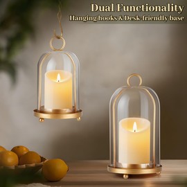 Glass Hurricane Candle Holder Decorative Gold Candle Lantern, Pillar Candlestick Holders Set of 2, Hanging Metal Holder Modern Table Centerpieces, Antique Brass