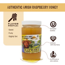 Goshen Amish Country Extremely Raw Raspberry Blossom Honey - Unfiltered, Unprocessed, Pure, Natural - Harvested in the USA - Rich Flavor for Tea, Cooking, Wellbeing - Kosher Certified - 16oz Glass Jar
