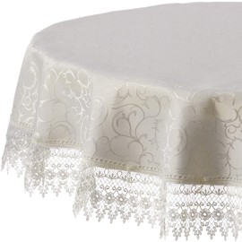Violet Linen Flower Bow Vintage Lace Pattern Polyester Damask Jacquard Tablecloths, 70" Round, Beige