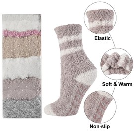Fuzzy Socks with Grips for Women, 5 Pairs Soft Fluffy Sleep Cozy Hospital Socks Non Skid Plush Slipper Socks Gifts,Khaki Streak