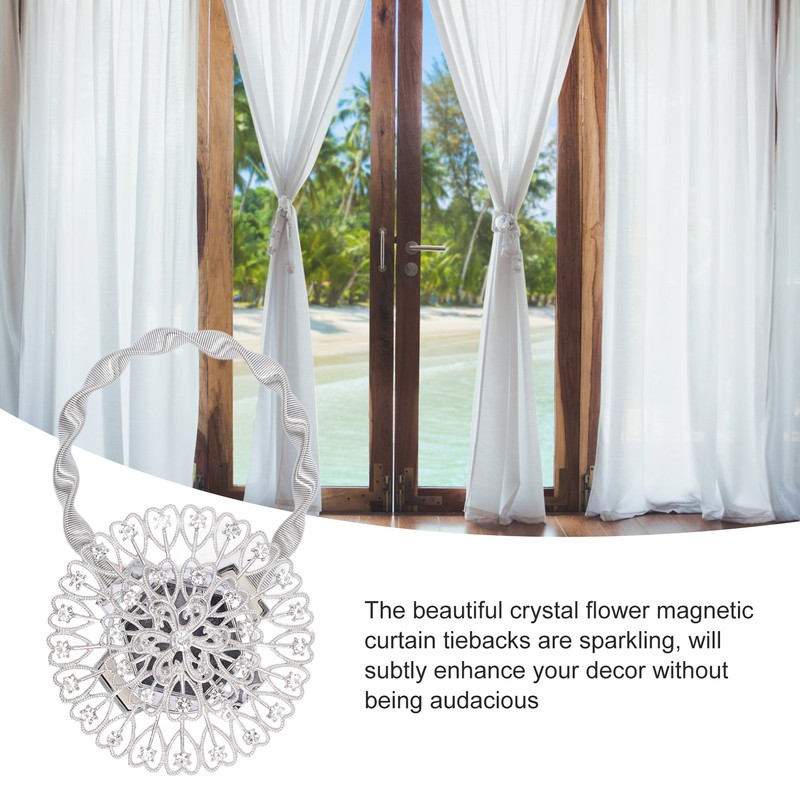 2Pcs Magnetic Curtain Tiebacks Stainless Steel Sparkling Crystal Flower Curtain