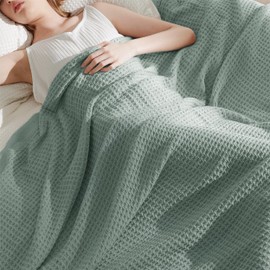 Bedsure 100% Cotton Large Throw Blanket for Couch 50x70 inches - Breathable and Soft, Waffle Weave Throw Blanket for Office, Sage Green