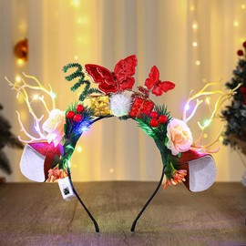 Edary Christmas Headband Illuminated Reindeer Antlers Headband LED Flower Hair Band Luminous Festival Party Christmas Elk Hair Accessories for Women and Girls (Butterfly)