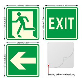 12 Pcs Self-Adhesive Emergency Exit Sign with Arrow 6x6 Inch, Acrylic Exit Photoluminescent Small Sign Glow in the Dark Stickers Water and Fade Resistance for Schools, Offices, Businesses, Hospitals, Exterior