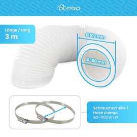 DL-pro 3 m Exhaust Hose Diameter 100 mm (Inner Dimensions) - Compatible with Air Conditioning, Extractor Hood, Dryer - Includes 2 Hose Clamps - PVC Flex Pipe White - Not for Diameter 102 mm Devices