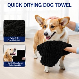 OLANLY Chenille Dog Bath Towel 31x13, Ultra Absorbent Quick Dry Pet Towel, Extra Soft Washable Plush Towel for Large Dogs & Puppies, Indoor Outdoor Use, Black