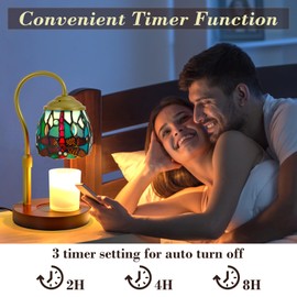 Candle Warmer Lamp Tiffany Style Dragonfly, with Timer Dimmer Adjustable Height, Stained Glass Candle Warmer Lamp with 2 Bulbs, Vintage Home Decor Gift, Wax Melt Warmer for Scented Jar Candles