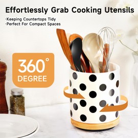 Ceramic Utensil Holder for Countertop,360°Rotating Cooking Large White Boho Polka Dot Utensils Crock for Kitchen Counter Farmhouse Spatula Holder Kitchen Utensil Holders and Storage Organizer Caddy