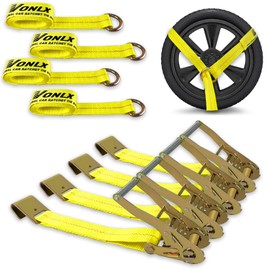 VONLX Car Tie Downs Straps for Trailers 4 Pack, Flat Hook Lasso Style and 2'' x 96'' Tire Tie Downs for Car Trailers, Easily Secure Tire Tie Downs for Any Car, UTV, SUV, Jeep, or Sports Car, Yellow
