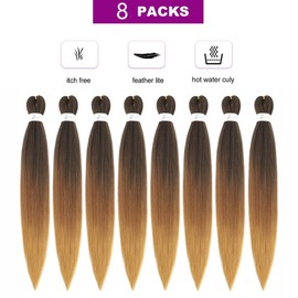 Pre Stretched Braiding Hair Ombre 26 Inch Brown Braiding Hair 8 Packs Easy Braids Hair Yaki Straight Hot Water Setting Synthetic Braiding Hair Extensions for Women