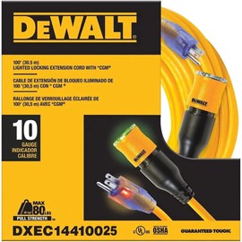 DEWALT 25 Foot Extension Cord Lighted Click-to-Lock 10/3 SJTW - Heavy Duty Outdoor, Waterproof, Weatherproof, Heat & Corrosion Resistant Industrial Strength Light Up Three Prong Outlet Plug Power Cord
