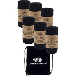 Lion Brand Mac Re Me Black 845-153 (6-Skeins - Same Dye Lot) Weight S Bulky #6 Cotton Yarn for Crocheting and Knitting - Bundle with 1 Artsiga Crafts Project Bag
