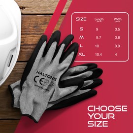 Haltons Latex & Polyester Work Gloves Men (12 Pack Medium), Durable Gardening Gloves for Women, Snug Fit & Non Slip, Ideal for DIY, Builder & Mechanic Work (Red/Grey)