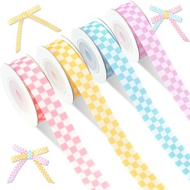 Whaline 4 Rolls Pastel Checkered Grosgrain Ribbons Fabric Craft Ribbon Pink Yellow Blue Purple Plaid Ribbon for Wreath Bow Gift Wrap Back to School Party Decor, 5/8", 20 Yards