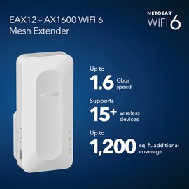 NETGEAR WiFi 6 Mesh Range Extender (EAX12) - Add up to 1,200 sq. ft. (110 sq. m.), 15+ Devices, AX1600 Dual-Band Wireless Signal Booster & Repeater (up to 1.6 Gbps Speed), WPA3 Security, Smart Roaming
