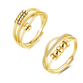 Zolkamery Silver Anxiety Ring for Women, 925 Sterling Silver Fidget Ring with Beads, 2PCS Adjustable Open Anti Anxiety Rings, Spinner Relief Ring with Zirconia, Pair Unisex Stress Rings for Man Gifts